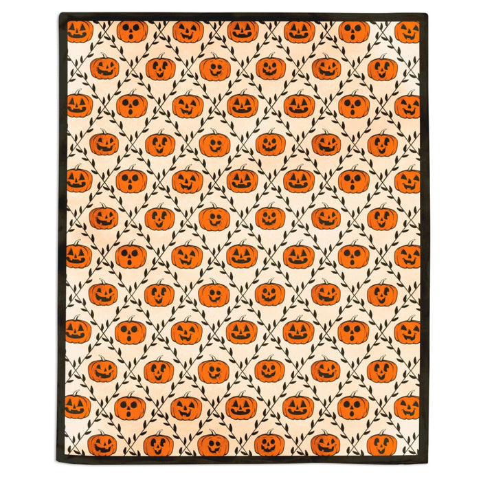 Vintage Jack-o'-Lanterns Halloween throw blanket measuring 50 x 60 inches, featuring retro pumpkin artwork in festive orange and black colors