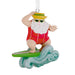Santa Claus ornament surfing on a wave with a yellow hat and red swimsuit.