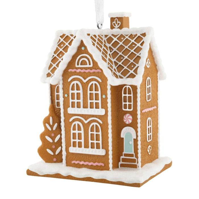 Hallmark Gingerbread House ornament featuring a detailed festive Christmas gingerbread design