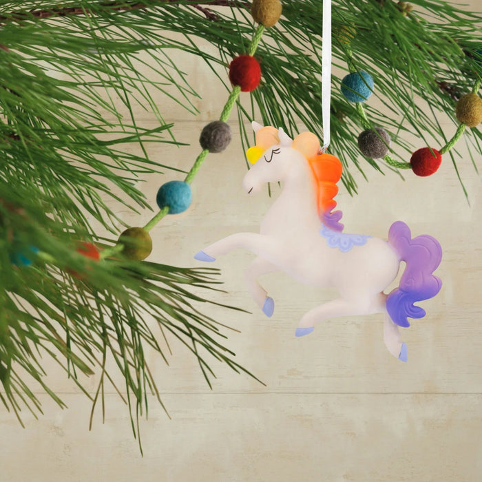 Hallmark Whimsical Unicorn Christmas Ornament, White Unicorn with Rainbow Mane and Tail, Colorful Fantasy Resin Christmas Tree Decoration