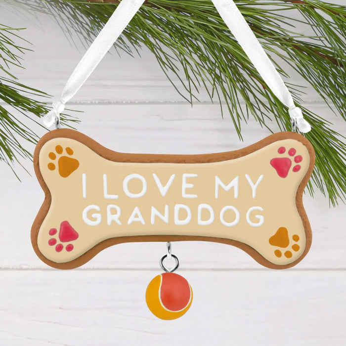 Hallmark I Love My Granddog Christmas Ornament, Dog Bone Cookie Design with Paw Prints and Tennis Ball Charm, Dog Lover Resin Tree Decoration