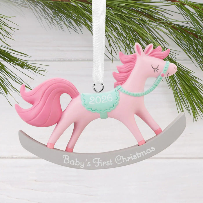 Hallmark Baby Girl's First Christmas 2026 Rocking Horse Ornament, Pink Rocking Horse with Green Saddle and Reins, Resin Christmas Keepsake