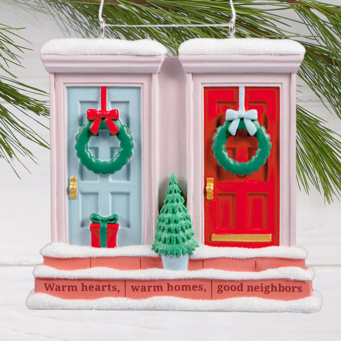Hallmark Warm Homes Good Neighbors Christmas Ornament, Blue and Red Front Doors with Holiday Wreaths, Heartfelt Resin Tree Decoration
