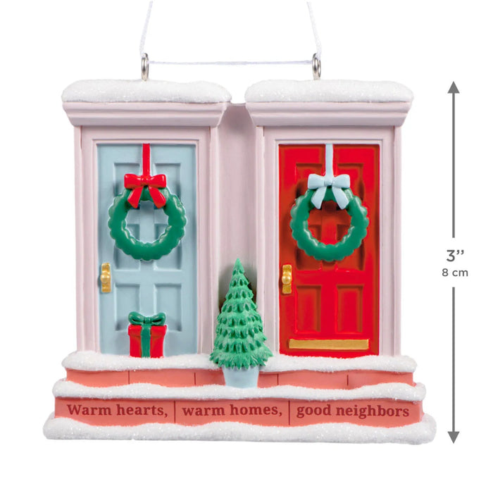 Hallmark Warm Homes Good Neighbors Christmas Ornament, Blue and Red Front Doors with Holiday Wreaths, Heartfelt Resin Tree Decoration