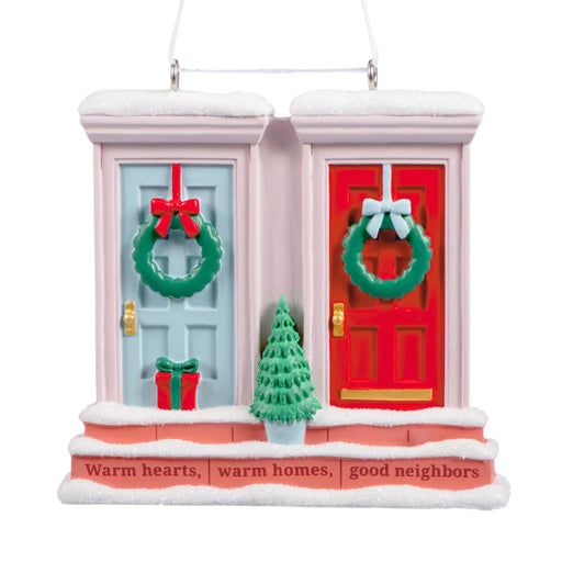 Hallmark Warm Homes Good Neighbors Christmas Ornament, Blue and Red Front Doors with Holiday Wreaths, Heartfelt Resin Tree Decoration