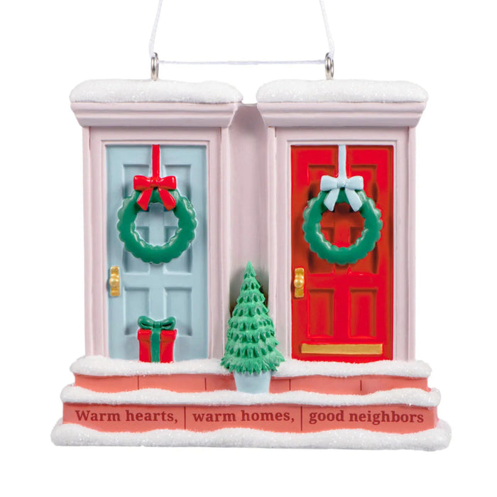 Hallmark Warm Homes Good Neighbors Christmas Ornament, Blue and Red Front Doors with Holiday Wreaths, Heartfelt Resin Tree Decoration