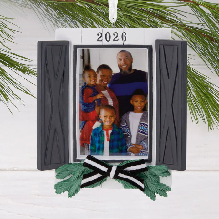 Hallmark Window Display 2026 Photo Frame Christmas Ornament, Rustic Window Design with Pine Boughs and Bow, Year-Dated Resin Tree Decoration