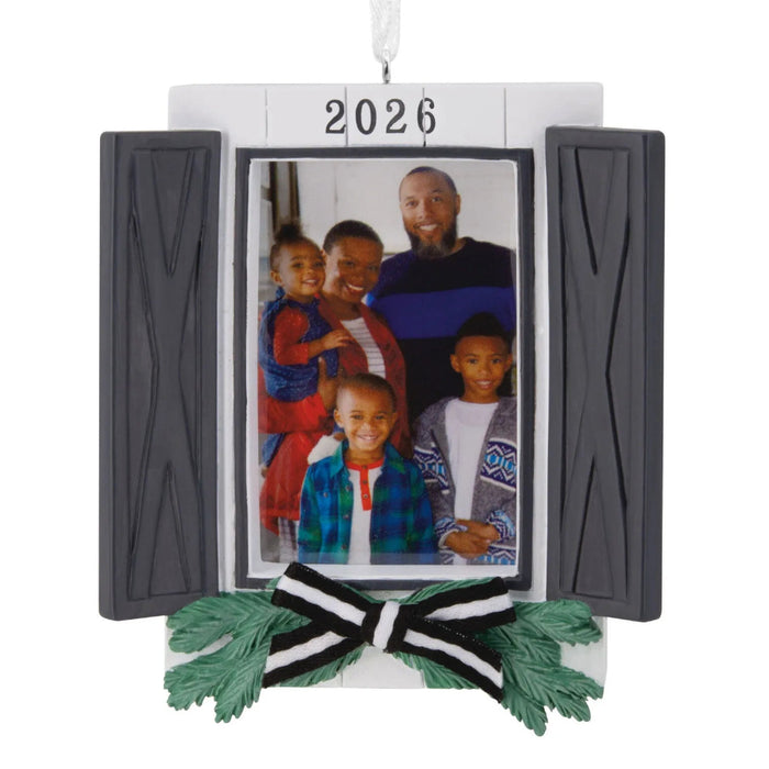 Hallmark Window Display 2026 Photo Frame Christmas Ornament, Rustic Window Design with Pine Boughs and Bow, Year-Dated Resin Tree Decoration