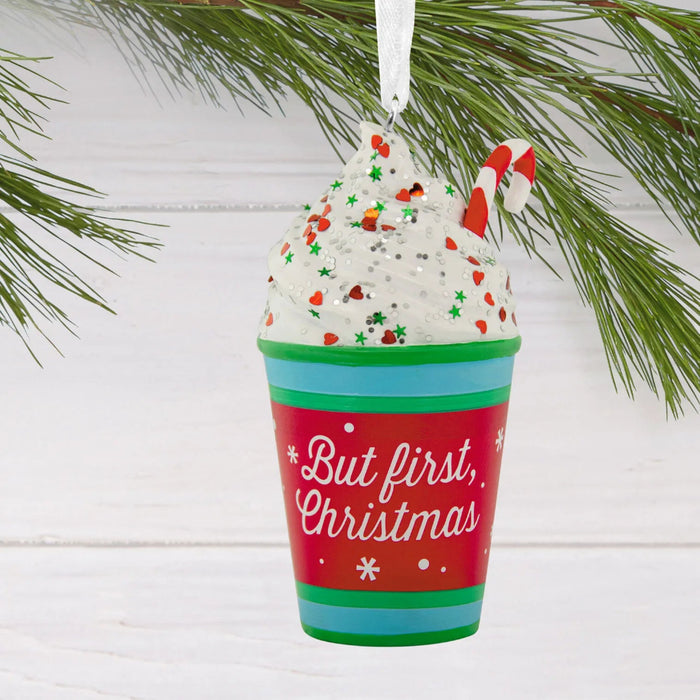 Hallmark But First Christmas Coffee Ornament, Festive To-Go Coffee Cup with Whipped Cream and Candy Cane, Cute Resin Christmas Tree Decoration