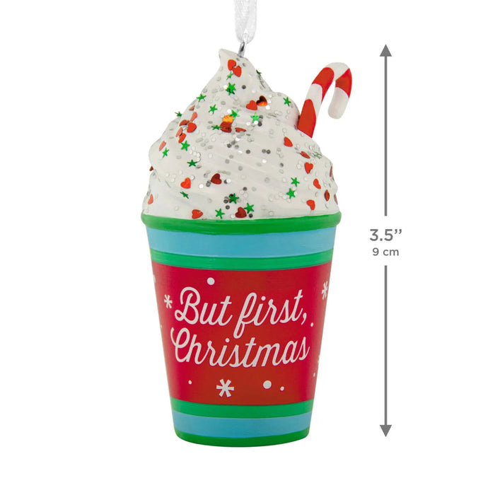 Hallmark But First Christmas Coffee Ornament, Festive To-Go Coffee Cup with Whipped Cream and Candy Cane, Cute Resin Christmas Tree Decoration