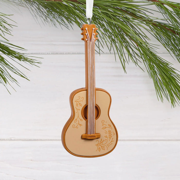Hallmark Acoustic Guitar Christmas ornament featuring a detailed miniature guitar with a rich wood-tone finish, strings, frets, and tuning pegs.