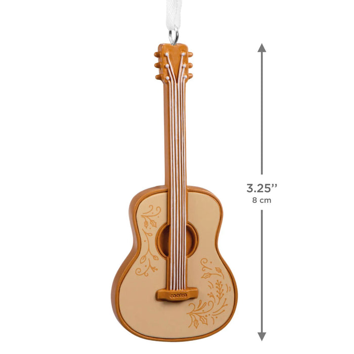 Hallmark Acoustic Guitar Christmas ornament featuring a detailed miniature guitar with a rich wood-tone finish, strings, frets, and tuning pegs.