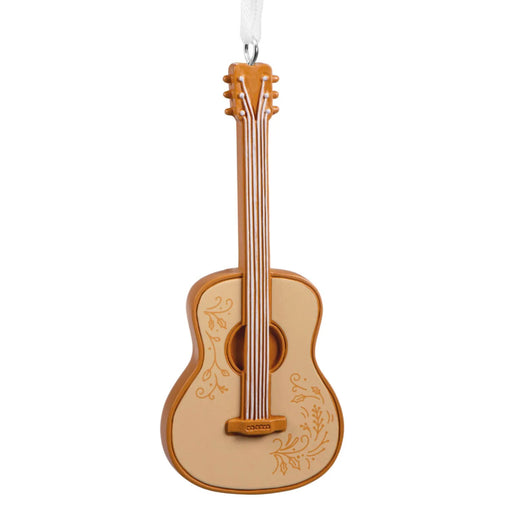 Hallmark Acoustic Guitar Christmas ornament featuring a detailed miniature guitar with a rich wood-tone finish, strings, frets, and tuning pegs.