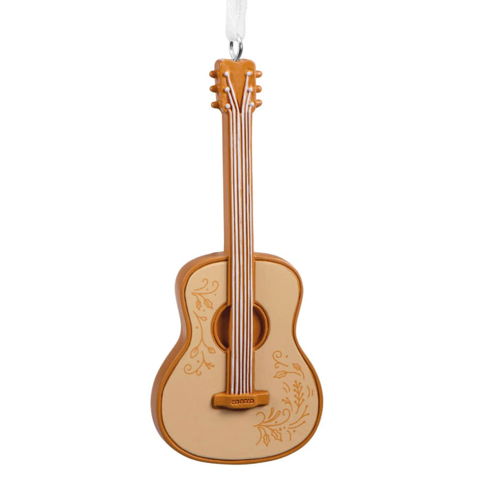Hallmark Acoustic Guitar Christmas ornament featuring a detailed miniature guitar with a rich wood-tone finish, strings, frets, and tuning pegs.