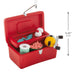 Hallmark Fishing Tackle Box Christmas ornament featuring a red tackle box filled with a fishing reel, line, bobbers, bait, and fishing gear.