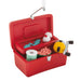 Hallmark Fishing Tackle Box Christmas ornament featuring a red tackle box filled with a fishing reel, line, bobbers, bait, and fishing gear.