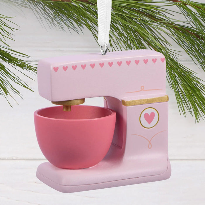Hallmark Pink Stand Mixer Christmas ornament featuring a miniature retro-style pink stand mixer, perfect for bakers, cooks, and kitchen-themed holiday décor.