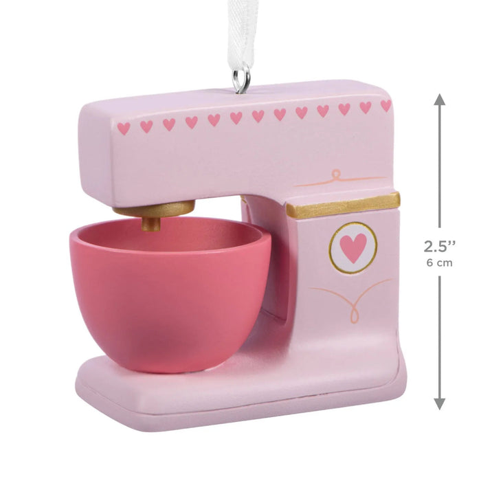 Hallmark Pink Stand Mixer Christmas ornament featuring a miniature retro-style pink stand mixer, perfect for bakers, cooks, and kitchen-themed holiday décor.