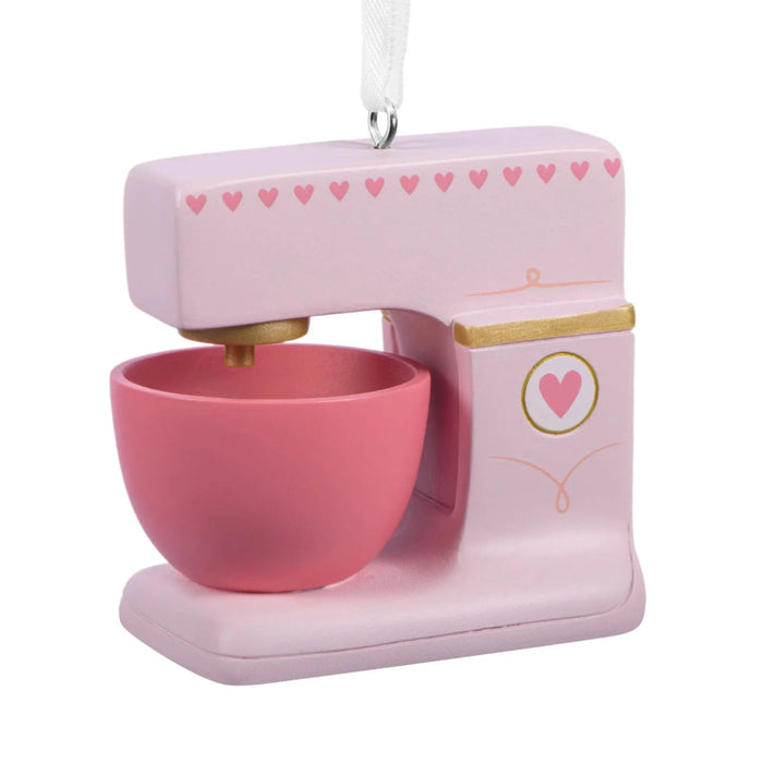Hallmark Pink Stand Mixer Christmas ornament featuring a miniature retro-style pink stand mixer, perfect for bakers, cooks, and kitchen-themed holiday décor.