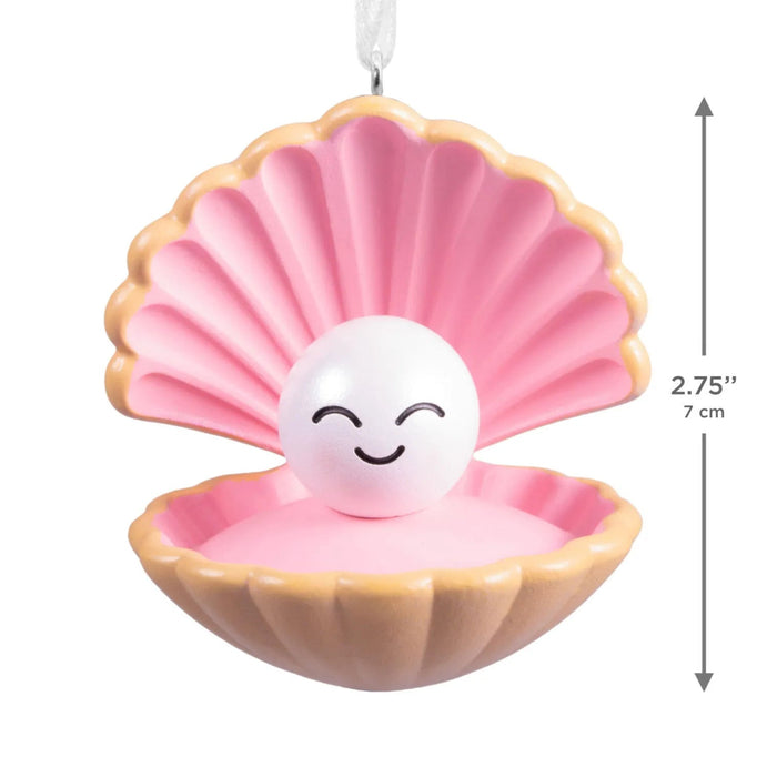 Hallmark Oyster With Pearl Christmas ornament featuring an open oyster shell with a smiling pearl resting on a pink interior, perfect for coastal holiday décor.