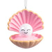 Hallmark Oyster With Pearl Christmas ornament featuring an open oyster shell with a smiling pearl resting on a pink interior, perfect for coastal holiday décor.