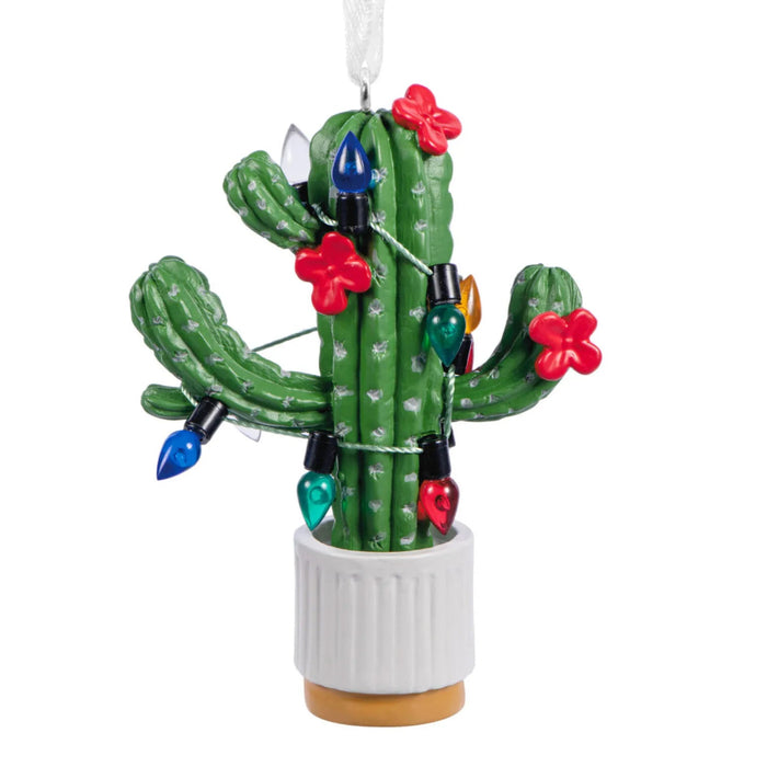 Hallmark Seasonal Cactus Christmas ornament featuring a potted cactus decorated with festive Christmas lights for a desert-inspired holiday display.