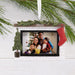 Hallmark Cozy Fireplace 2026 Photo Frame Christmas ornament featuring a festive fireplace with greenery, red stocking, miniature evergreen tree, and photo holder.