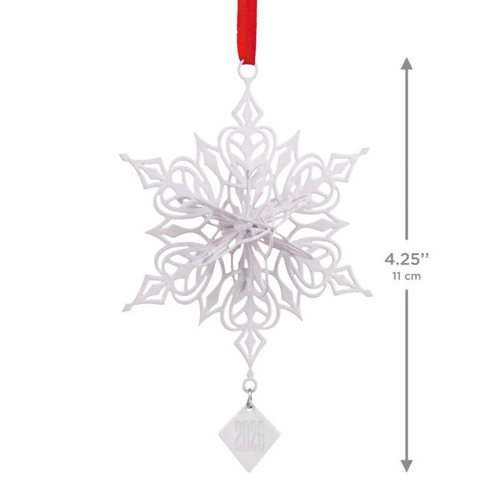 Hallmark Dimensional Snowflake 2026 Christmas ornament featuring a layered white snowflake design with a year-dated 2026 charm.