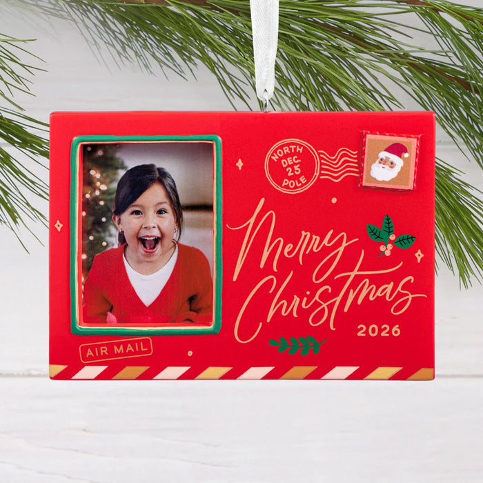 Hallmark Holiday Postcard 2026 Photo Frame Christmas ornament with red and green postcard design, “Merry Christmas 2026” message, and photo holder.
