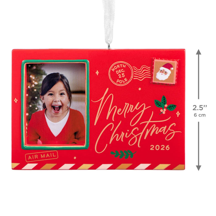 Hallmark Holiday Postcard 2026 Photo Frame Christmas ornament with red and green postcard design, “Merry Christmas 2026” message, and photo holder.
