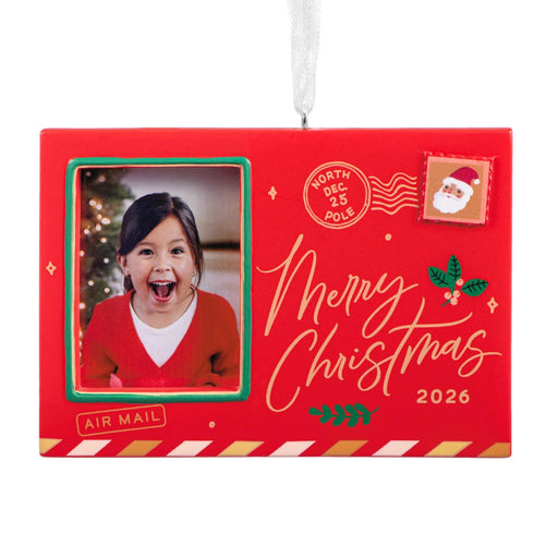 Hallmark Holiday Postcard 2026 Photo Frame Christmas ornament with red and green postcard design, “Merry Christmas 2026” message, and photo holder.