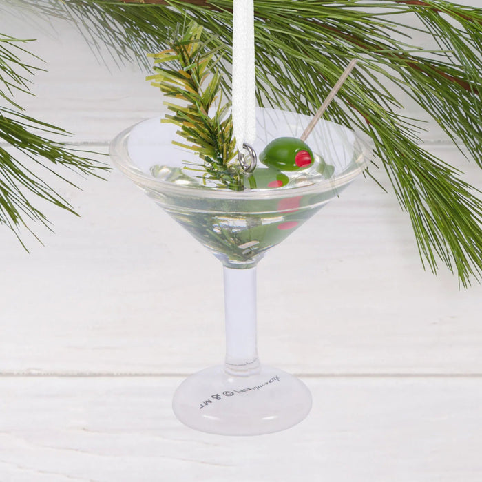 Hallmark Festive Martini Glass Christmas ornament featuring a detailed martini glass with green olives and an evergreen sprig.