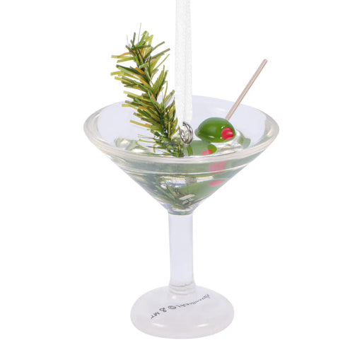 Hallmark Festive Martini Glass Christmas ornament featuring a detailed martini glass with green olives and an evergreen sprig.