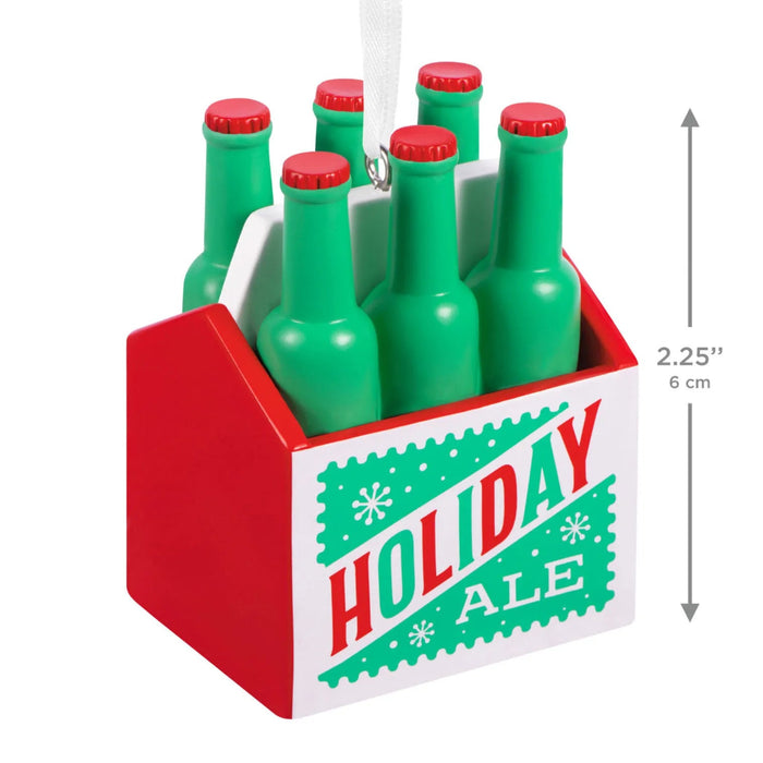 Hallmark Seasonal Six-Pack Christmas ornament featuring six festive red and green beer bottles in a caddy, perfect for beer lovers and holiday décor.
