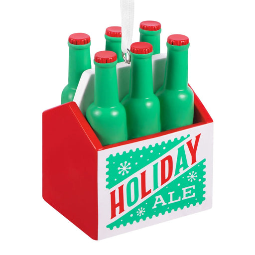 Hallmark Seasonal Six-Pack Christmas ornament featuring six festive red and green beer bottles in a caddy, perfect for beer lovers and holiday décor.