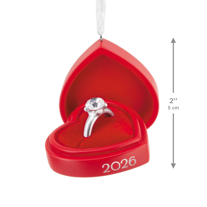Hallmark Engagement Ring 2026 Christmas ornament featuring a sparkling ring inside an open red velvet-look box, celebrating a newly engaged couple.