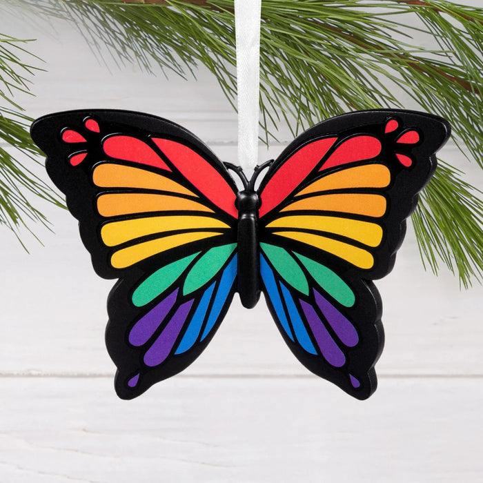 Hallmark Rainbow Butterfly Christmas ornament featuring a colorful butterfly with vibrant rainbow wings for festive tree décor and gifting.