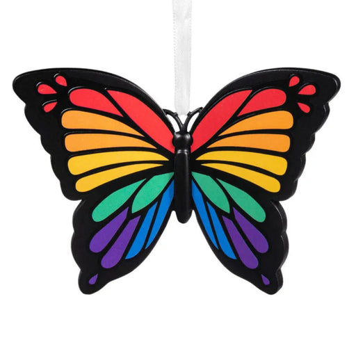 Hallmark Rainbow Butterfly Christmas ornament featuring a colorful butterfly with vibrant rainbow wings for festive tree décor and gifting.