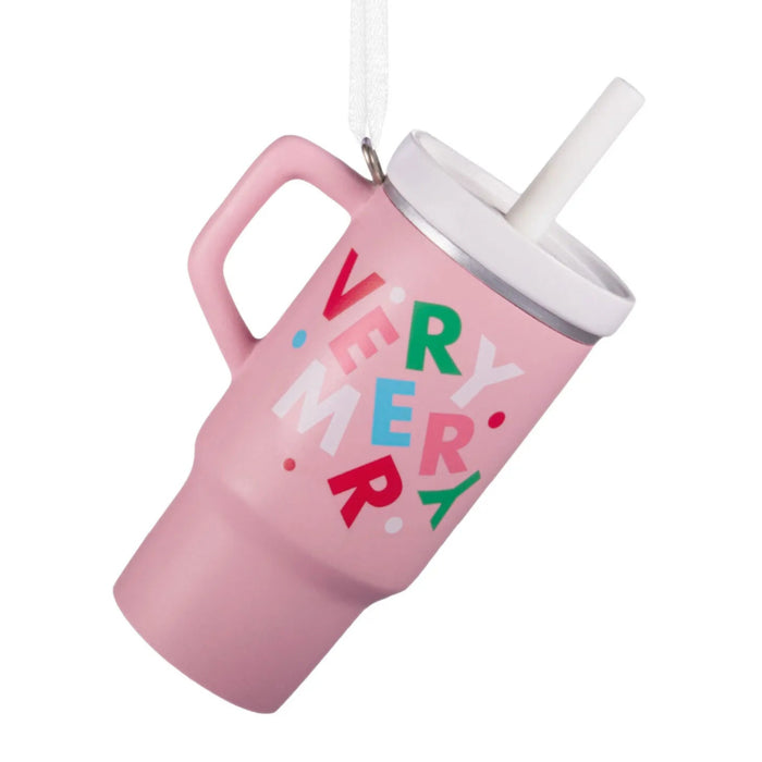 Festive Tumbler Cup Hallmark Ornament featuring a colorful tumbler design for Christmas tree decoration.