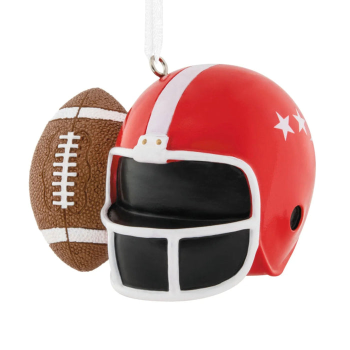 Football Helmet and Ball Hallmark Ornament featuring a football helmet and football for festive Christmas tree décor.
