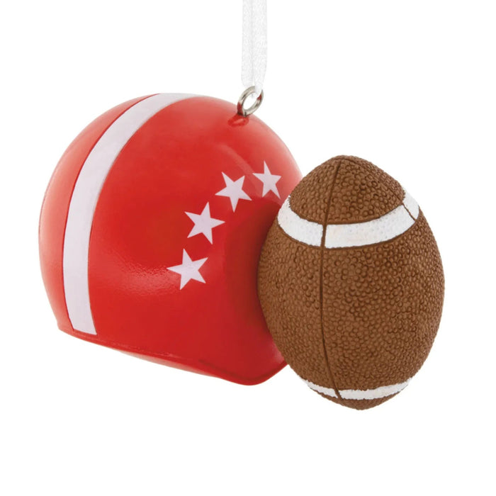 Football Helmet and Ball Hallmark Ornament featuring a football helmet and football for festive Christmas tree décor.