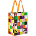 12-inch large reusable Halloween tote bag featuring a colorful grid design with ghosts, candy corn, bats, and black cats, perfect for trick-or-treating, shopping, gifts, and seasonal errands.