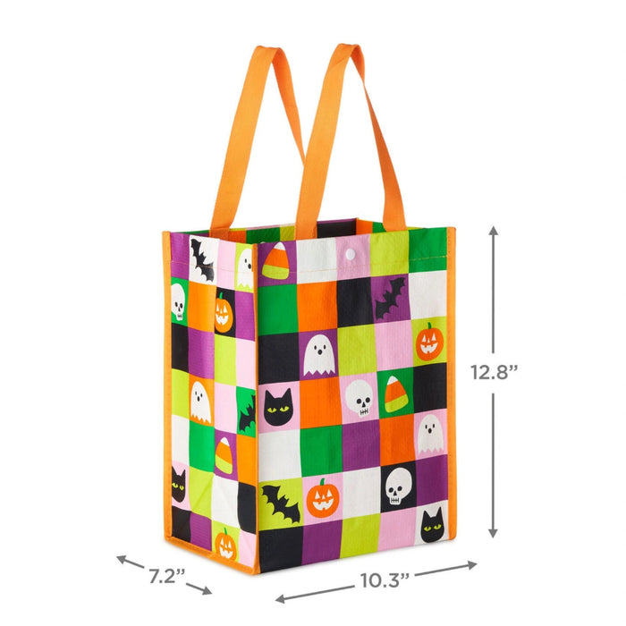 12-inch large reusable Halloween tote bag featuring a colorful grid design with ghosts, candy corn, bats, and black cats, perfect for trick-or-treating, shopping, gifts, and seasonal errands.