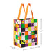 12-inch large reusable Halloween tote bag featuring a colorful grid design with ghosts, candy corn, bats, and black cats, perfect for trick-or-treating, shopping, gifts, and seasonal errands.
