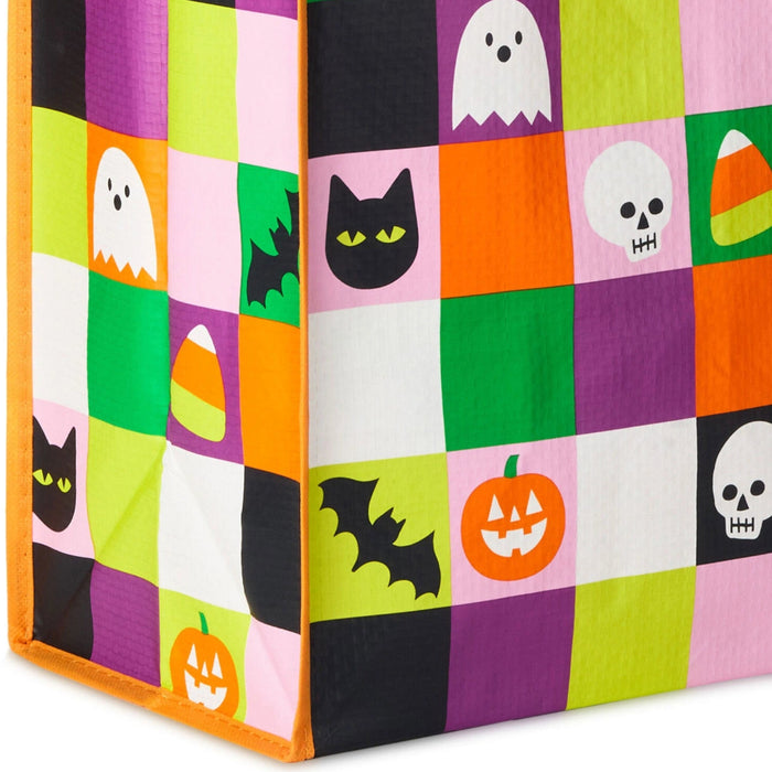 12-inch large reusable Halloween tote bag featuring a colorful grid design with ghosts, candy corn, bats, and black cats, perfect for trick-or-treating, shopping, gifts, and seasonal errands.