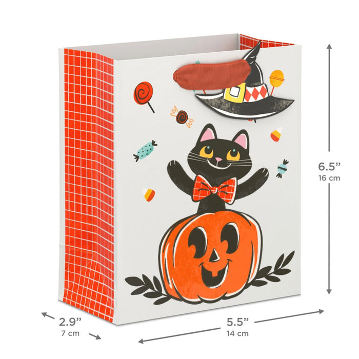 6.5-inch Halloween gift bag featuring a cute black cat sitting inside a smiling jack-o'-lantern pumpkin with a matching gift tag, perfect for candy, treats, party favors, and small Halloween gifts.
