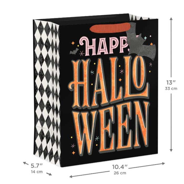 This Hallmark 13" Orange Letters with Bats on Black Large Halloween Gift Bag With Gift Tag makes Halloween gift-giving fun, festive, and effortless. 