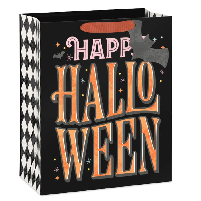 This Hallmark 13" Orange Letters with Bats on Black Large Halloween Gift Bag With Gift Tag makes Halloween gift-giving fun, festive, and effortless. 