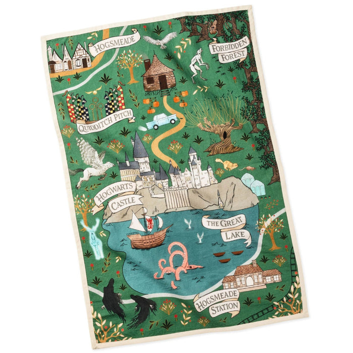 Harry Potter™ Marauder's Map tea towel measuring 18 x 26 inches featuring the iconic magical map design, ideal for kitchen décor, drying dishes, and gifting to Harry Potter fans.