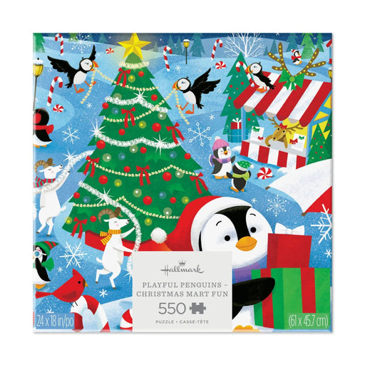 Playful Penguins Christmas Mart Fun 550-piece jigsaw puzzle featuring cheerful penguins enjoying a festive Christmas market scene.